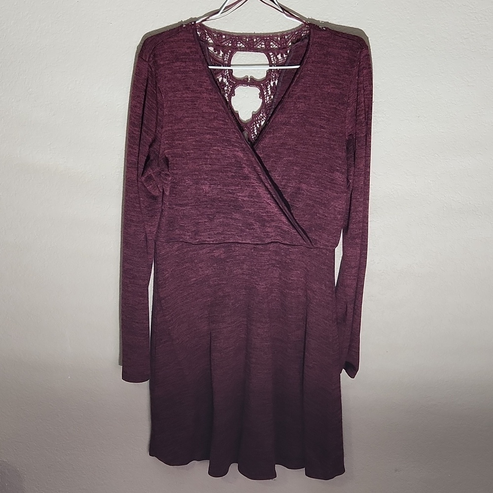 Alya Dress Womens Size L Maroon Lace Cutout Back Longsleeve